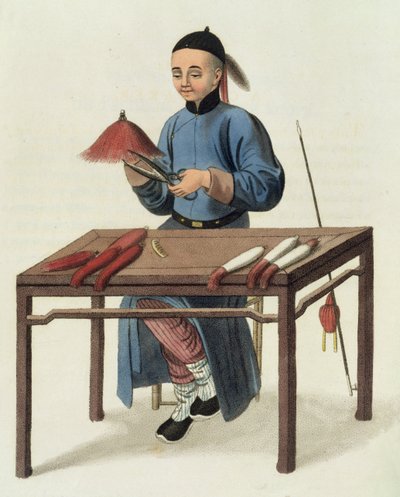 一个Cap Maker，来自&39;The Costume of China&39;的第51页，由J. Dadley，1800年雕刻 作者 乔治·亨利·梅森少校