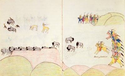1877年，佛罗里达州圣奥古斯丁的马里昂堡（Fort Marion）制作的一本素描书中的美洲原住民布法罗亨特（Buffalo Hunt） 作者 做药