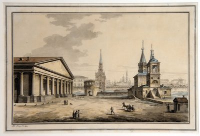 莫斯科（俄罗斯）Manege、Kutafya 塔和圣尼古拉教堂景观。(Manege、库塔菲亚塔和圣尼古拉教堂的景观，莫斯科）。建筑：Manege 建于 1817 年至 1825 年，由建筑师约瑟夫-博夫（1784-1876 年）设计。 作者 马克西姆·尼基福罗维奇·沃罗比耶夫