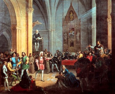 Christopher Columbus during the reading of the Royal Pragmatic, detail of a painting by Manuel Cabral y Aguado Bejarano. 19th century 作者 Manuel Cabral y Aguado Bejarano