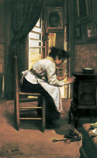 "炉子前的女人"，Manuel Cusi的画作 作者 曼努埃尔·库西（ManuelCusí）
