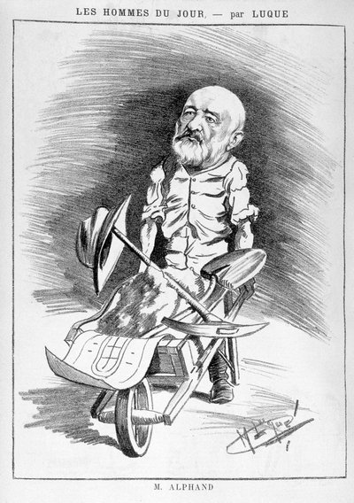 Transformations of Paris under the Second Empire, Haussmann Paris: Humoristic drawing depicting Jean Charles Adolphe Alphand (1817-1891), engineer. He participated in the renovation of Paris led by Baron Haussmann between 1852 and 1870. Engraving in “Les h 作者 曼努埃尔·卢克（Manuel Luque）