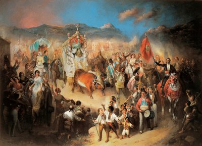 El Rocio 游行：传统的安达卢西亚庆祝活动，纪念圣母。 曼努埃尔·罗德里格斯·德古兹曼（Manuel Rodriguez de Guzman，1818-1867）的绘画。 1850-1900 塞戈维亚。 里奥弗里奥宫。 作者 曼努埃尔·罗德里格斯·德·古兹曼