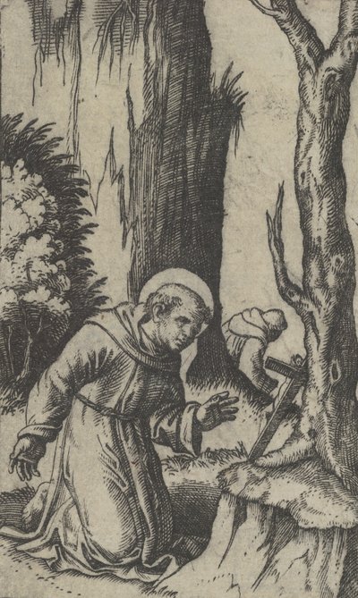 阿西西的圣弗朗西斯在十字架前祈祷，来自 "Piccoli Santi... "系列，约1500-1527。 作者 马尔坎通尼奥·莱蒙迪