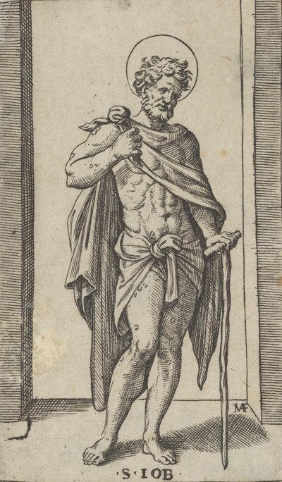 穿着斗篷的圣约伯，来自 "Piccoli Santi "小圣徒系列，约1...，约1500-1527。 作者 马尔坎通尼奥·莱蒙迪