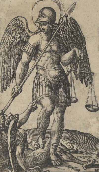 圣米迦勒手持天平和长矛，身下是一个恶魔，出自 "P... "系列，约1500-1527年。 作者 马尔坎通尼奥·莱蒙迪