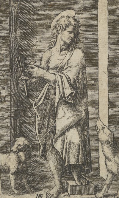 圣拉撒路在两只狗的两侧，来自 "Piccoli Santi "小圣徒系列，约1500-1527。 作者 马尔坎通尼奥·莱蒙迪