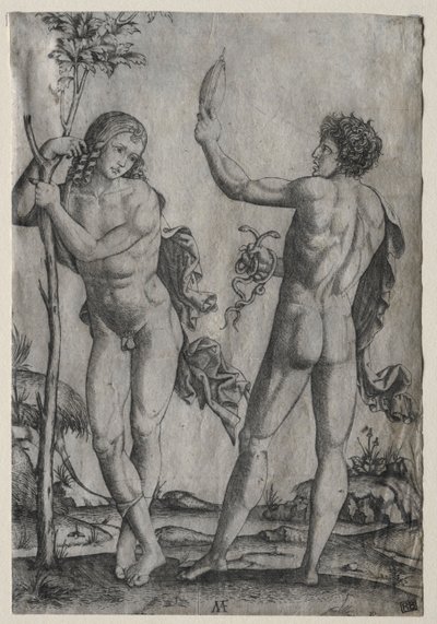 一棵树旁边的两个裸体男人。 作者 Marcantonio Raimondi