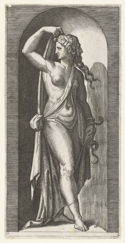 带着蛇和面具的女人作为普鲁登斯 (Prudentia) 的化身 七美德（系列名） 作者 马尔坎通尼奥·莱蒙迪