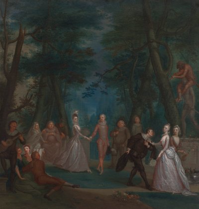 公园场景，有即兴喜剧中的人物 作者 Marcellus Laroon the Younger