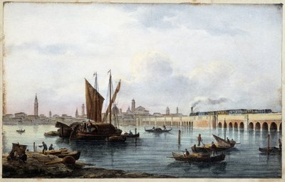 马可-莫罗编辑的 "威尼斯主要景观专辑 "中的环礁湖大桥。Gio Briz-Ghel，1840年。 作者 马可（后）莫罗
