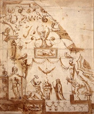 怪诞的天花板设计（纸上钢笔和棕褐色墨水）。 作者 Marco (fl. 1565 88) (circle of) Marchetti