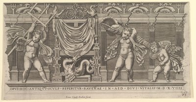 Speculum Romanae Magnificentiae:带有三个丘比特的浮雕，1519年。 作者 马可·登特