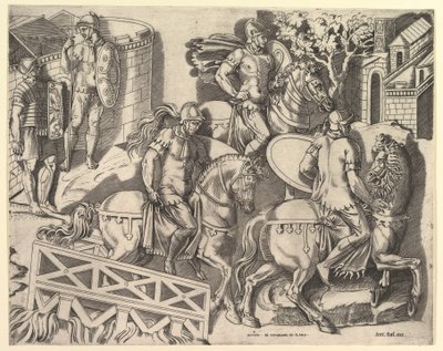 Speculum Romanae Magnificentiae:罗马骑兵过桥，来自特拉扬的C...，16世纪。 作者 马可·登特