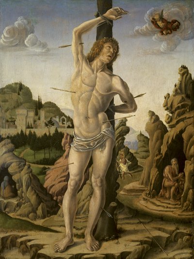 圣塞巴斯蒂安（Saint Sebastian）与圣杰罗姆（Saint Jerome），安东尼·阿伯特（Anthony Abbot）和克里斯托弗·克里斯托弗（Christopher）的岩石风景，约1475年-78年 作者 马克·佐波