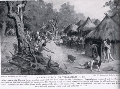 凯撒进攻维鲁拉米姆，插图选自《哈钦森国家史》，约 1910 年（平版） 作者 玛格丽特（后）多瓦斯顿