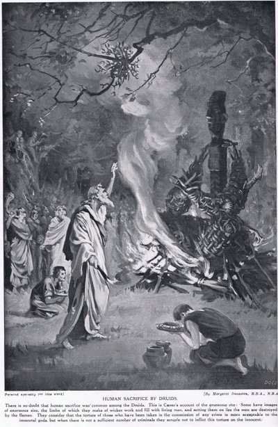 德鲁伊人的人祭，插图选自 "哈钦森的民族史"，约 1910 年（平版）。 作者 玛格丽特（后）多瓦斯顿