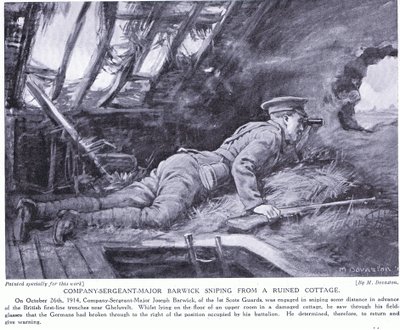 1914 年 10 月，连军士长 Barwick 在 Ghehuvelt 毁坏的平房中进行狙击（石版画） 作者 玛格丽特·多瓦斯顿