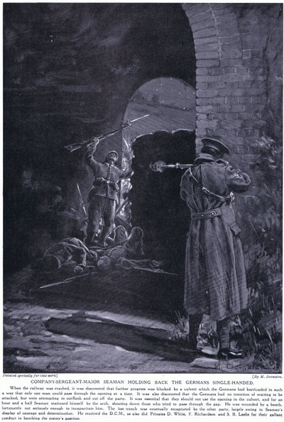 1915 年 2 月，连队军士长 Seaman 少校因单枪匹马顶住德军进攻而荣获 DCM 勋章（石版）。 作者 玛格丽特·多瓦斯顿