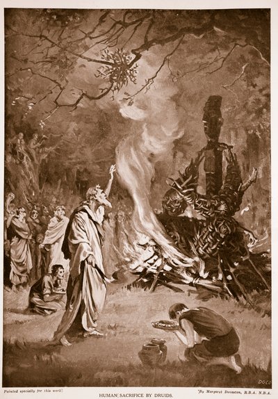 德鲁伊人的人祭，插图选自《哈奇森的不列颠民族故事》，约 1920 年（平版）。 作者 玛格丽特·多瓦斯顿