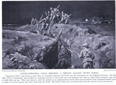 杰克下士（Lance Corporal Jacka）展示了一个人如何打败七个人，从而赢得了一枚越战勋章 1915 年 5 月（石版）。 作者 玛格丽特·多瓦斯顿