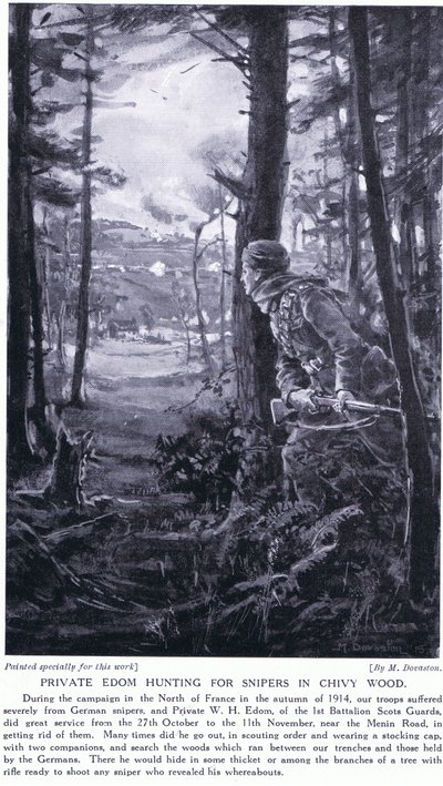 1914 年秋，二等兵伊东在奇维森林寻找狙击手（石版画） 作者 玛格丽特·多瓦斯顿