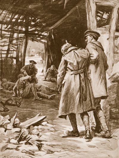 二等兵 J.S. Kerr 在遭到猛烈炮击的农场急救伤员（石版印刷） 作者 玛格丽特·多瓦斯顿