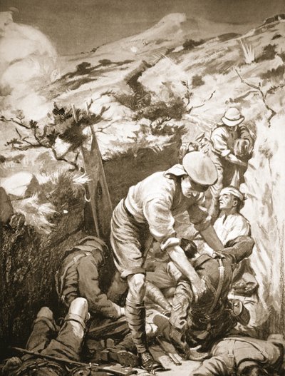 上等兵 Druall 和 Smith 在毫无保护且暴露在猛烈炮火下的树液中清理伤员（石版印刷）。 作者 玛格丽特·多瓦斯顿