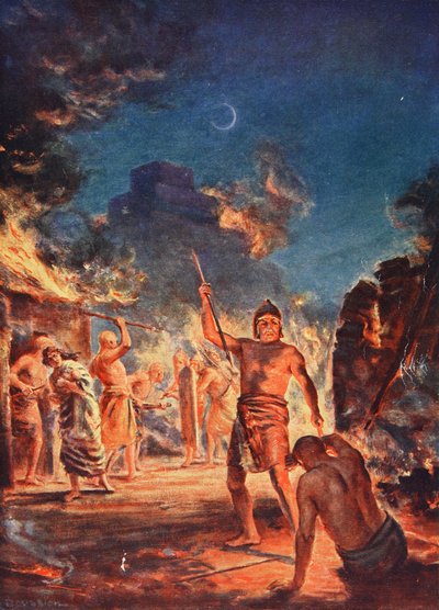 焚烧拉加什》，插图，摘自哈钦森的《民族史》，约 1910 年（彩色石版印刷）。 作者 玛格丽特·多瓦斯顿