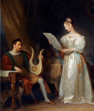 ""Un homme tenant une lyre et une femme tenant une partition dans un interieur"" (Interior with a Man holding a Lyre and a Woman with a Music Score) Peinture de Marguerite Gerard (1761-1837), - Oil on canvas Dim 64,5x55 cm Private Collection 作者 玛格丽特·杰拉德