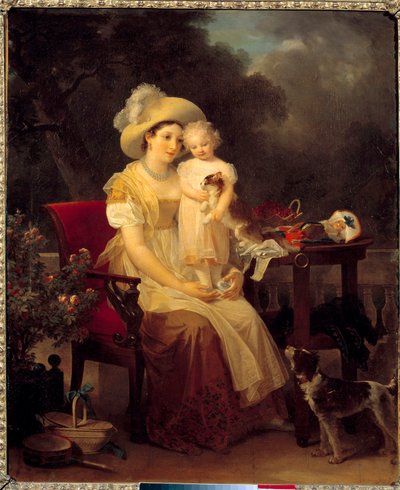 女人抱着一个女孩坐在膝盖上 画家：玛格丽特-杰拉德(1761-1837) 1799年，太阳。0,64x0,53米。第戎，美术博物馆。 作者 玛格丽特·杰拉德