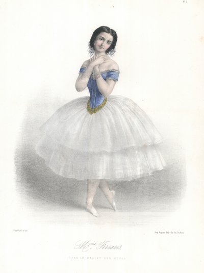 意大利芭蕾舞演员Amalia Ferraris在巴黎歌剧院的Elfes芭蕾舞团，约1860年（彩色平版印刷）。 作者 玛丽·亚历山大（后）阿洛菲（Alophe）