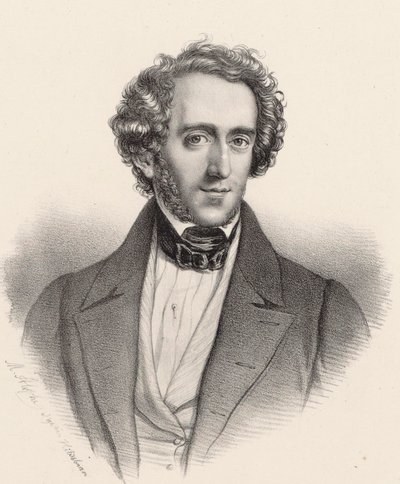 钢琴家和作曲家费利克斯-门德尔松-巴托尔迪1809-1847的肖像。 作者 Marie Alexandre Menut Alophe