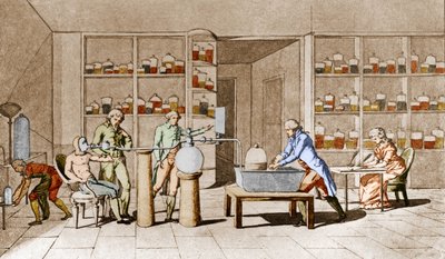 拉瓦锡（Antoine Laurent de Lavoisier，1743-1794），法国化学家，对人在休息时的呼吸有一种体验。摘自拉瓦锡夫人的画作。巴黎，18世纪。Leemage收藏 作者 玛丽·安妮·皮埃尔特·拉瓦锡