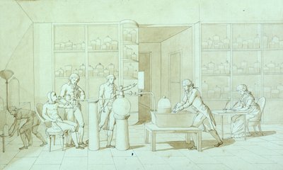 Antoine Lavoisier（1743-94）和他的呼吸实验（笔墨和棕褐色纸上洗） 作者 玛丽·安妮·皮埃尔特·拉瓦锡