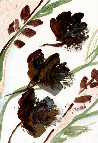 干花，2020 年（A4 纸上的油彩和混合材料） 作者 玛丽娜·法尔科