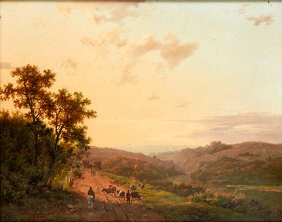 乡间小道上的牧羊人和他们的牛，以及远处的风景（油画板）。 作者 马里努斯·阿德里安·科伊科克