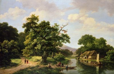 树木繁茂的河景观与农民卸载渡轮 作者 Marinus Adrianus Koekkoek