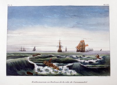 1828年，印度科罗曼德海岸附近的木筏。 作者 Marlet et Cie