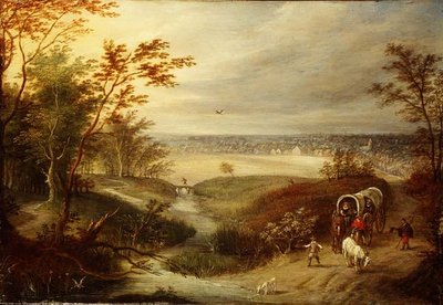 广阔的森林景观，在一个岔路口有一辆马车 作者 Marten (attr. To) Ryckaert