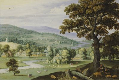 一个河谷，猪群在前景的一棵树下休息，一个小村庄 作者 Marten Ryckaert
