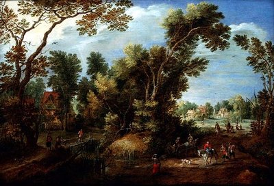 树木繁茂的河流景观与人物 作者 马丁·雷卡特（Marten Ryckaert）