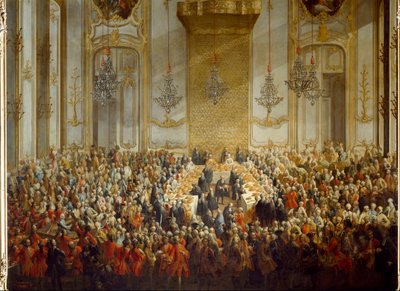 1760 年 6 月 10 日为帕尔马公主伊莎贝拉与约瑟夫二世皇帝的婚礼举办的官方宴会。 细节（绘画） 作者 马丁（和工作室）迈滕斯（Metens）或迈滕斯（Meytens）