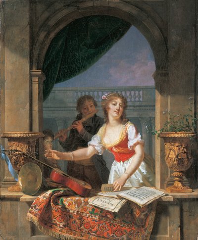 一位年轻的女士伸手去拿一块石窗上的吉他，一个男孩吹奏长笛，1796-97年 作者 马丁·德洛林