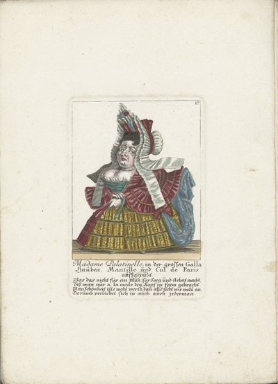 De Franse dwerg Madame Palatinelle，约 1710 年
Palatinelle 夫人，在伟大的 Galla Hauben、Mantille 和 Cul de Paris auffgepützt（物品上的标题）
Il Callotto resurcitato oder Neu eingerichtes Zwerchen Cabinet（系列名称） 作者 马丁·恩格尔布雷希特（归因于）