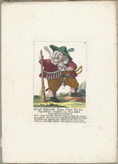 De dwerg Christl Vestnbalkh，约 1710 年
Christl Vestnbalkh, Bürg Schütz beij der Tijrolischen Steinfalle im Französisch Baijrischen Einbruch（物品上的标题）
Il Callotto resurcitato oder Neu eingerichtes Zwerchen Cabinet（系列名称） 作者 马丁·恩格尔布雷希特（归因于）