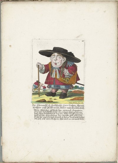 De dwerg Crispin Skarnitz，约 1710 年
尊敬而伟大的克里斯平-斯卡尼茨爵士，普费弗尔米尔的世袭领主，勇敢小屋的骑士（物品上的标题）
Il Callotto resurcitato oder Neu eingerichtes Zwerchen Cabinet（系列名称） 作者 不明