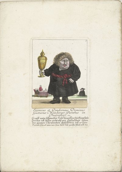 侏儒古斯塔夫斯-温伯格扮演的手持杯子的牧师，约 1710 年
Eximius et Ponderosus Dominus Gustavus Weinberger Parochus in Panzendorf 等。(物品上的标题）
Il Callotto resurcitato oder Neu eingerichtes Zwerchen Cabinet（系列名称） 作者 马丁·恩格尔布雷希特（归因于）