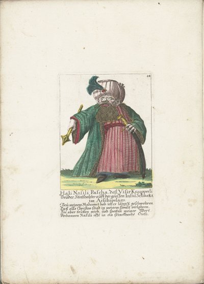 矮人哈里-纳西里-帕夏，约 1710 年
Hali Nasili Pascha, deß Visir Knupperli Bruder, Statthalter auff der grossen Insul Schmeks im Arschipelago（物品上的标题）
Il Callotto resurcitato oder Neu eingerichtes Zwerchen Cabinet（系列名称） 作者 马丁·恩格尔布雷希特（归因于）
