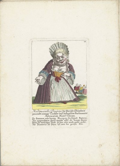 De dwerg Mademoiselle Poupon, als Parijse schone，约 1710 年
普蓬小姐，被称为巴黎美人，是著名的议会辩护律师奇坎先生的女儿。奇坎（物品上的标题）
Il Callotto resurcitato 或新装矮人小屋 作者 马丁·恩格尔布雷希特（归因于）